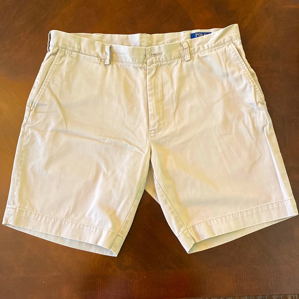 Polo by Ralph Lauren khaki shorts.
